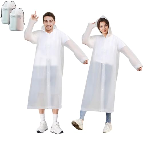 Baogaier Unisex Erwachsene Regenponcho, 2 Stück Lang Wiederverwendbar Regenponcho Wasserdicht, Atmungsaktiv EVA Regenjacke mit Kaputze Damen Herren für Wandern Konzert Festival, 2 weiß von Baogaier