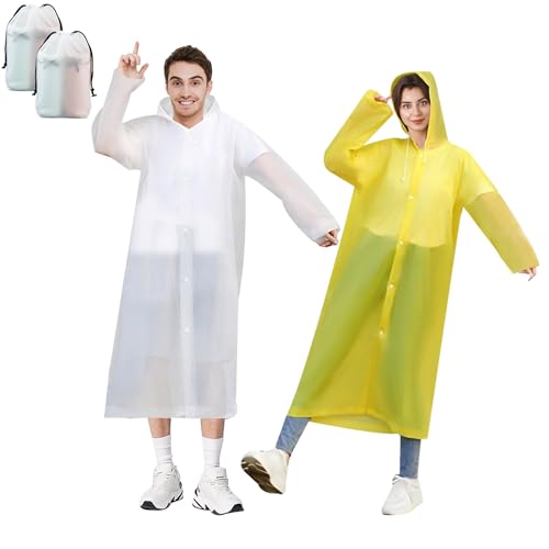 Baogaier Unisex Erwachsene Regenponcho, 2 Stück Wiederverwendbar Regenponcho Wasserdicht, Faltbar Regenjacke mit Kaputze Damen Herren für Wandern Konzert Festival, Weiß und Gelb von Baogaier