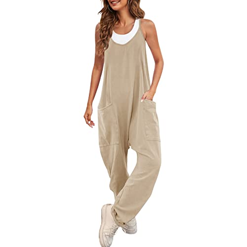 Baonmy Jumpsuits Damen Ärmellose, Casual Baggy Locker Trägerhose Spaghetti-Träger, Oversize lose dehnbare lange Hosen mit Taschen von Baonmy