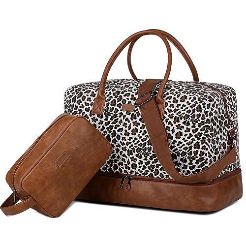 Damen Segeltuch Reisetasche Wochenendtasche Canvas Travel Duffel Weekender Tasche Handgepäck mit Schuhfach und Kulturtasche HB-10 (Leopardendruck) von Baosha