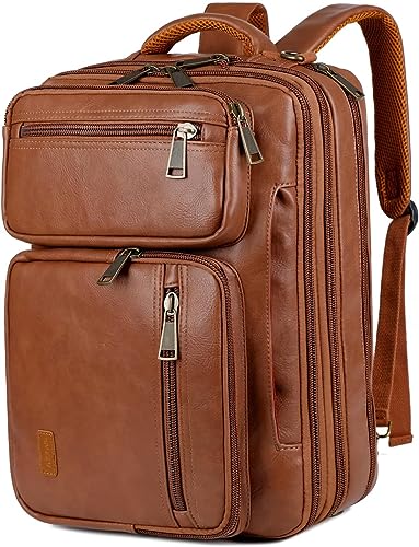 Umwandelbar Herren Faux Leder Laptop Rucksack Aktentasche Hybrid 15.6 Zoll Laptop Tasche Arbeitstasche Handtasche Reise Rucksack Wandern College Rucksack für Männer BC-04 (Braun) von Baosha