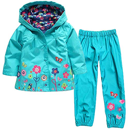 Baotung Kinder Mädchen 2tlg Bekleidungsset wasserdichte Regenjacke Regenanzug Regenmantel mit Kapuze und Blumenmuster + Regenhose, Blau, Gr.104/110(Herstellgröße:110) von Baotung