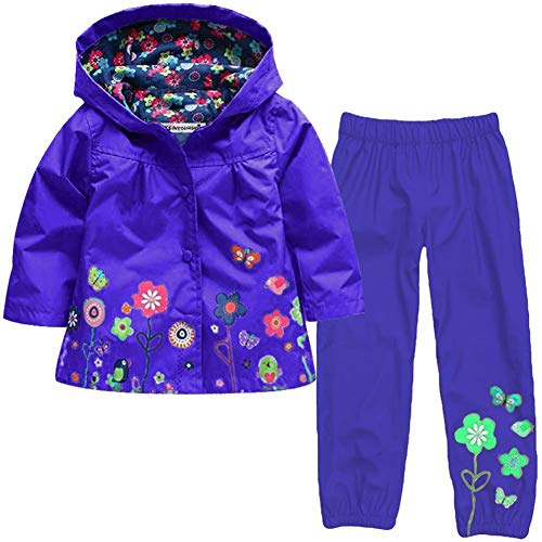 Baotung Kinder Mädchen 2tlg Bekleidungsset wasserdichte Regenjacke Regenanzug Regenmantel mit Kapuze und Blumenmuster + Regenhose, Dunkelblau, Gr.86/92(Herstellgröße:90) von Baotung