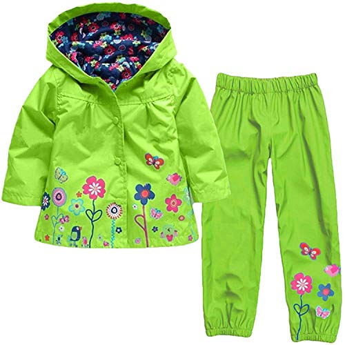 Baotung Kinder Mädchen 2tlg Bekleidungsset wasserdichte Regenjacke Regenanzug Regenmantel mit Kapuze und Blumenmuster + Regenhose, Grün, Gr.104/110(Herstellgröße:110) von Baotung