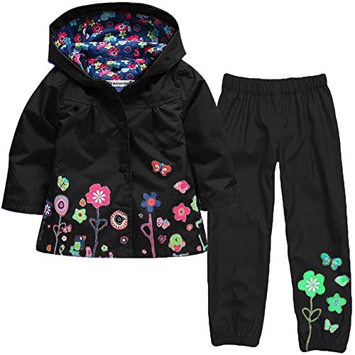 Baotung Kinder Mädchen 2tlg Bekleidungsset wasserdichte Regenjacke Regenanzug Regenmantel mit Kapuze und Blumenmuster + Regenhose, Schwarz, Gr.104/110(Herstellgröße:110) von Baotung