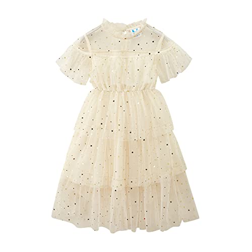 Baotung Kinder Mädchen Prinzessin Kleider Plisseekleid mit Stern Kurzarm BTD06S Beige Gr.104-110(Herstellgröße:110) von Baotung