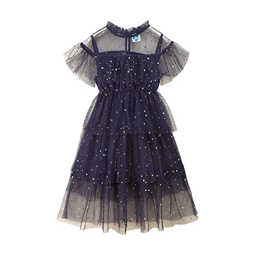 Baotung Kinder Mädchen Prinzessin Kleider Plisseekleid mit Stern Kurzarm BTD06S Blau Gr.104-110(Herstellgröße:110) von Baotung