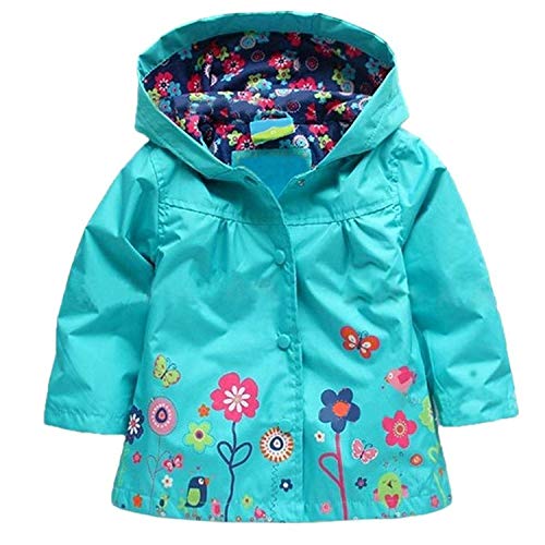 Baotung Kinder Mädchen wasserdichte Regenjacke Regenanzug Regenmantel mit Kapuze und Blumenmuster, Blau, Gr.122/128(Herstellgröße:130) von Baotung