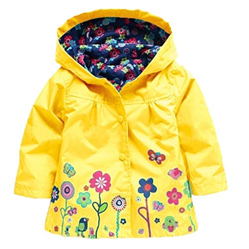 Baotung Kinder Mädchen wasserdichte Regenjacke Regenanzug Regenmantel mit Kapuze und Blumenmuster, Gelb, Gr.122/128(Herstellgröße:130) von Baotung