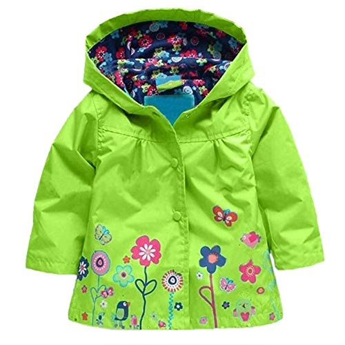 Baotung Kinder Mädchen wasserdichte Regenjacke Regenanzug Regenmantel mit Kapuze und Blumenmuster, Grün, Gr.104/110(Herstellgröße:110) von Baotung