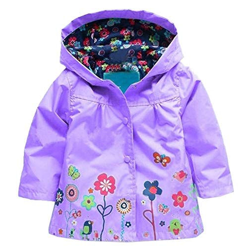 Baotung Kinder Mädchen wasserdichte Regenjacke Regenanzug Regenmantel mit Kapuze und Blumenmuster, Lila, Gr.104/110(Herstellgröße:110) von Baotung