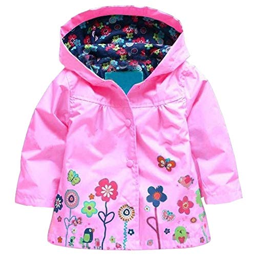 Baotung Kinder Mädchen wasserdichte Regenjacke Regenanzug Regenmantel mit Kapuze und Blumenmuster, Rosa, Gr.86/92(Herstellgröße:90) von Baotung