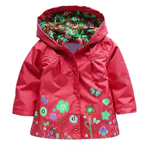 Baotung Kinder Mädchen wasserdichte Regenjacke Regenanzug Regenmantel mit Kapuze und Blumenmuster, Rot, Gr.122/128(Herstellgröße:130) von Baotung