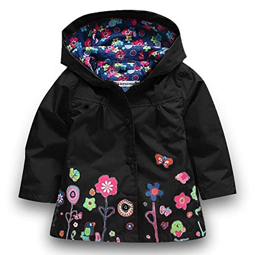 Baotung Kinder Mädchen wasserdichte Regenjacke Regenanzug Regenmantel mit Kapuze und Blumenmuster, Schwarz, Gr.122/128(Herstellgröße:130) von Baotung