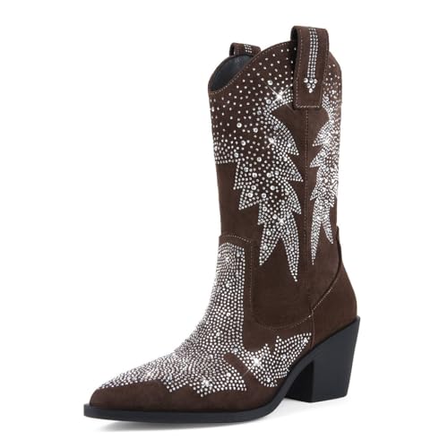 Bapolee Damen Westernstiefel mit glitzernden Strasssteinen, Cowgirl, Wildleder, glänzend, spitzer Zehenbereich, klobiger Absatz, Glitzer, Stiefeletten, Braun, 41 EU von Bapolee
