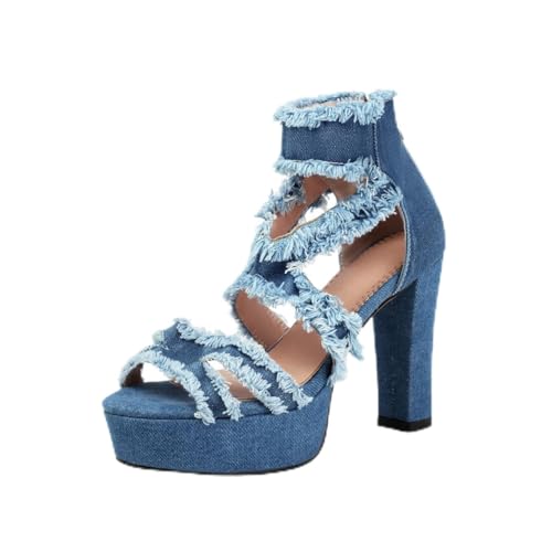 Bapolee Offener Zehenbereich, Reißverschluss, Denim, Plateau-Sandalen für Damen, bequem, blau, Jeans-Schuhe, modisch, elegant, Kreuzriemen, klobiger hoher Absatz, Blau, 37 EU von Bapolee