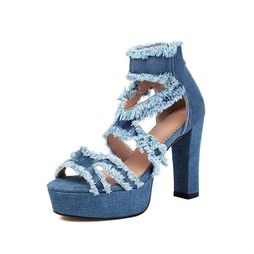 Bapolee Offener Zehenbereich, Reißverschluss, Denim, Plateau-Sandalen für Damen, bequem, blau, Jeans-Schuhe, modisch, elegant, Kreuzriemen, klobiger hoher Absatz, Blau, 39 EU von Bapolee