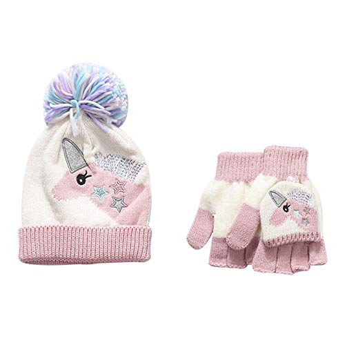 Barakara Kinder Mütze Handschuhe Set 2St Niedlichen Cartoon Einhorn Pom Hat Winterset Mütze für Kinder Weiche Gestrickt Hüte Handschuhe, Geschenke für Kinder 3-8Jahren-Rosa von Barakara