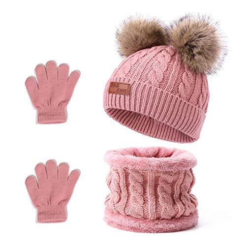 Barakara Kinder Wintermütze Schal Handschuhe Set, 3 in 1 Dicke Warme Strickmütze Beanie Hüte mit Bommel, Thermo Fleece Baby Halstuch Mütze Set Winter für Mädchen Jungen 2-8 Jahre, Dunkelpink von Barakara