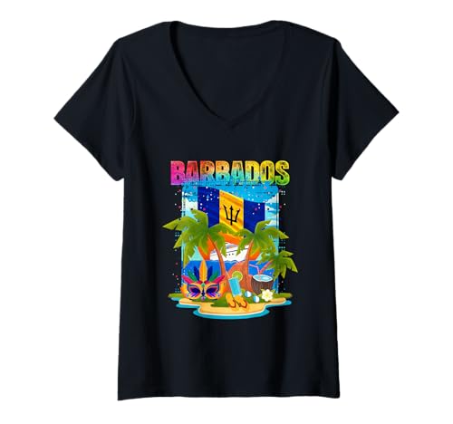 Damen Strandkarneval auf Barbados T-Shirt mit V-Ausschnitt von Barbados Flag