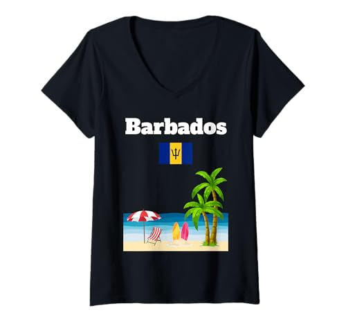 Damen Barbados Strand Souvenir Palme Tropische Barbados Flagge T-Shirt mit V-Ausschnitt Damen Barbados Strand Souvenir Palme Tropische Barbados Flagge T-Shirt mit V-Ausschnitt von Barbados souvenir Barbados flag apparel