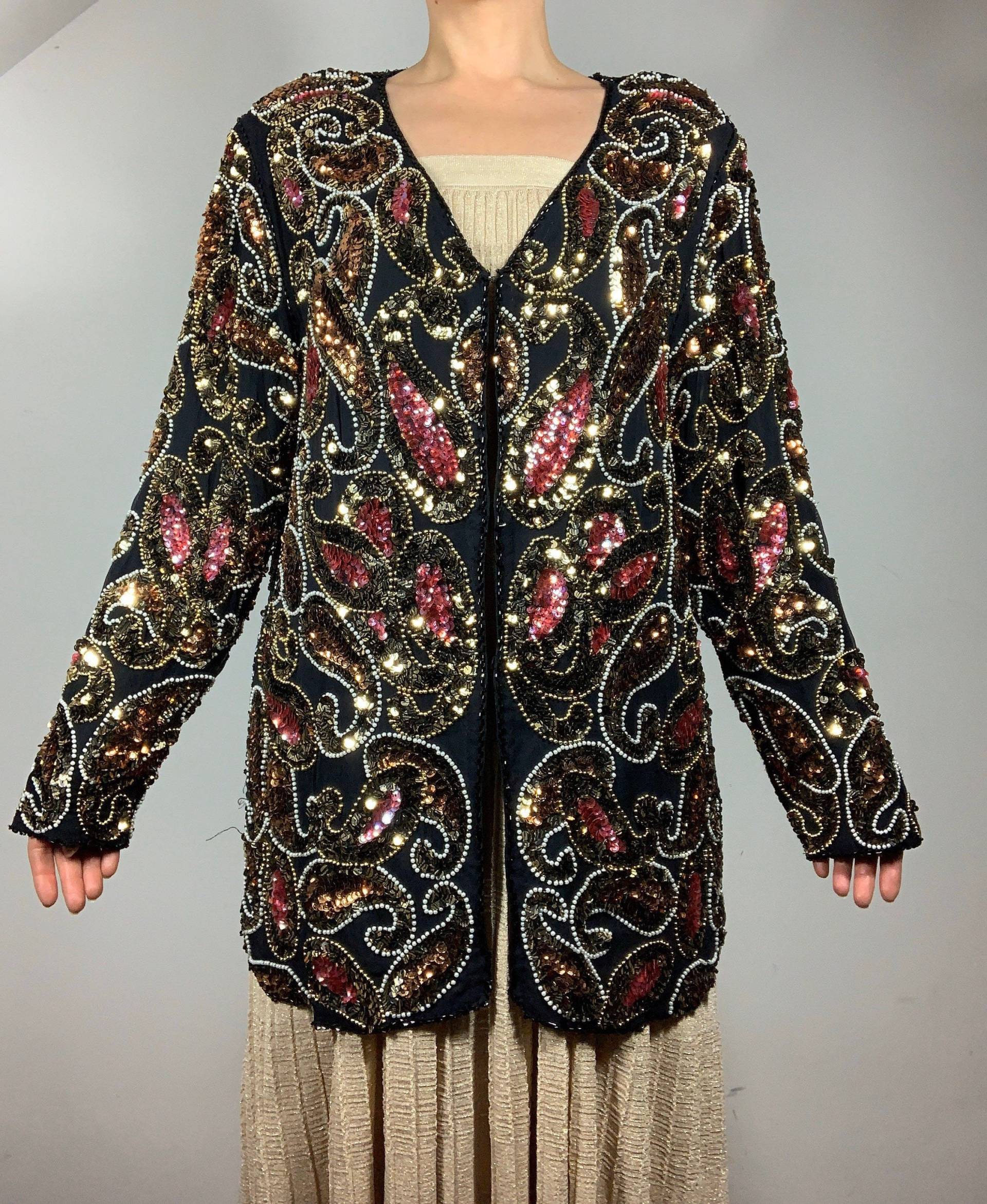 Vintage 80Er Jahre Sequined Paisley Jacke - Größe Medium Seide Bestickter Abend Cocktail Party Blazer von BarbaraJacobsVintage