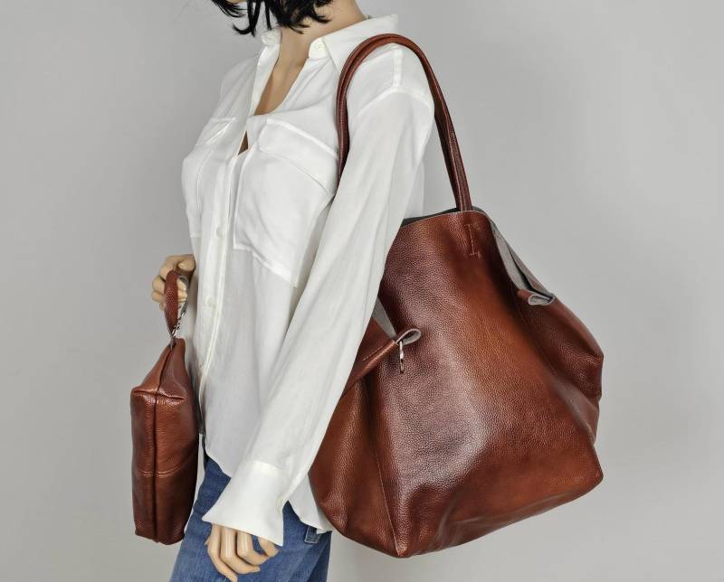 Cognac-Braune Tragetasche Aus Vollnarbenleder Übergroße Beuteltasche Für Jeden Tag von BarbaraLeatherDesign