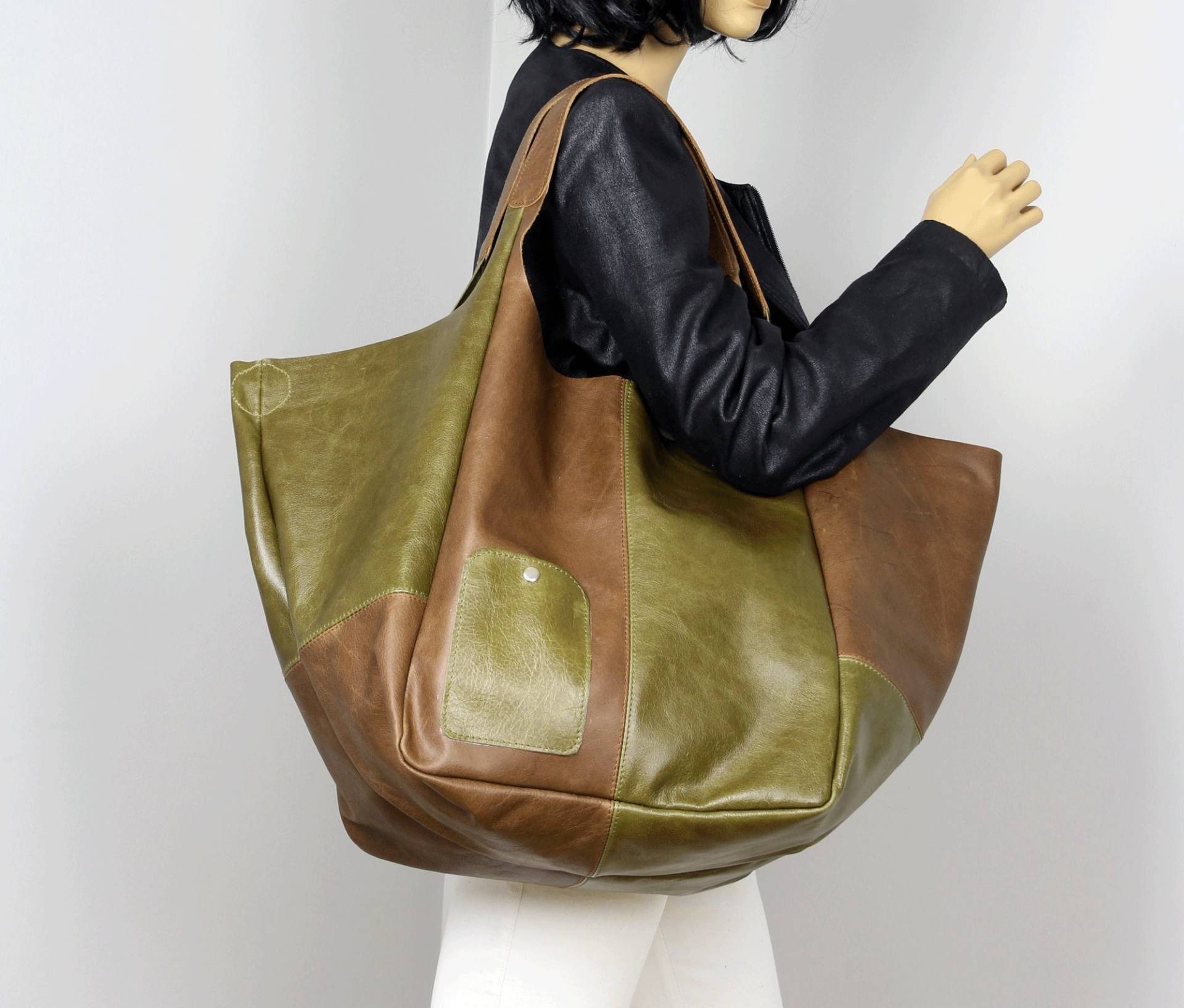 Oversized Slouchy Einkaufstasche Aus Leder Grün & Braun Beunruhigtes Leder von BarbaraLeatherDesign