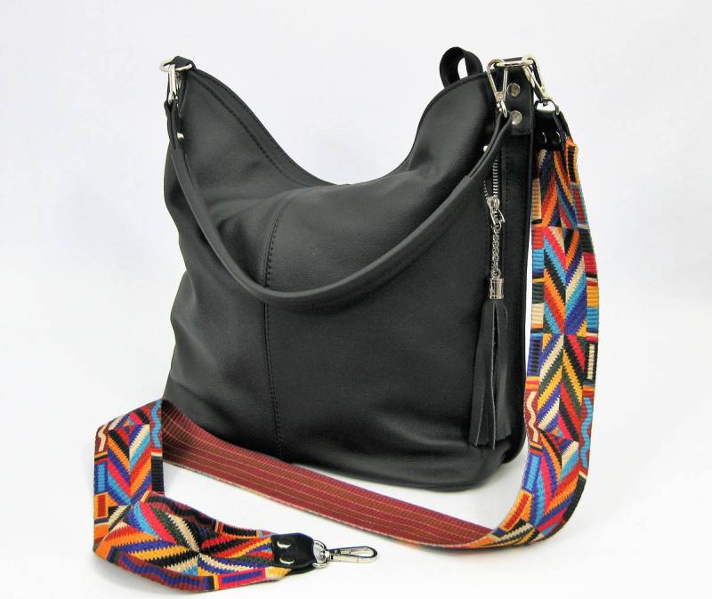 Schwarze Leder Hobo Bag, Azteken Riemen Crossbody, Schultertasche von BarbaraLeatherDesign