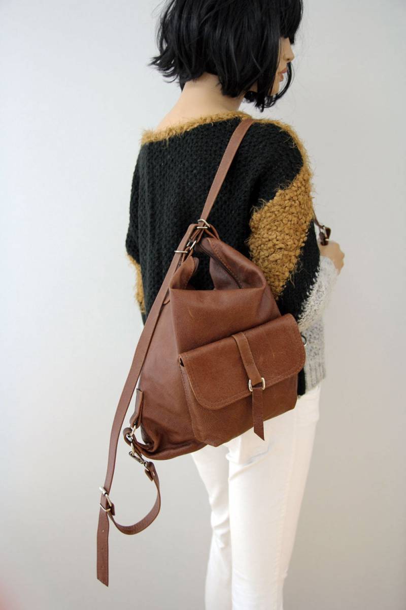 Wandelbare Braune Lederne Rucksack-Geldbeutel Distressed Leder-Rucksack von BarbaraLeatherDesign