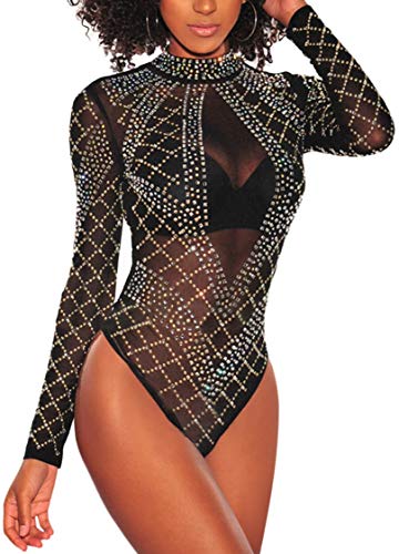 BarbedRose Damen Sexy Strass Sheer Mesh Langarm Bodysuit S-3XL - Schwarz - Small von BarbedRose