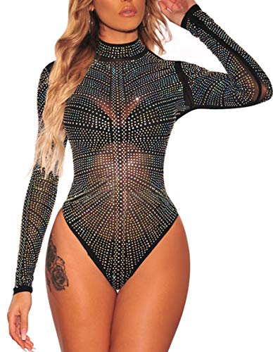 BarbedRose Damen Sexy Strass Sheer Mesh Langarm Bodysuit S-3XL - Schwarz - Small von BarbedRose