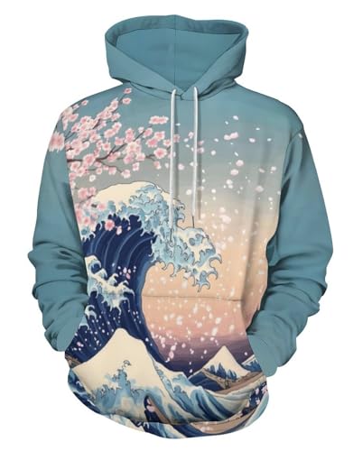 BarbedRose Unisex 3D-Digitaldruck Sweatshirts Kapuzenpullover mit Galaxie-Muster, Hellblaue Welle, XXL von BarbedRose