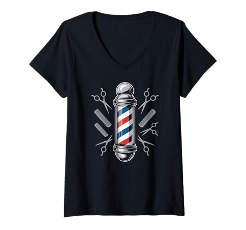 Damen Friseurstange mit Schere und Kämmen T-Shirt mit V-Ausschnitt Damen Friseurstange mit Schere und Kämmen T-Shirt mit V-Ausschnitt von Barber Pole Scissors Combs Stripes