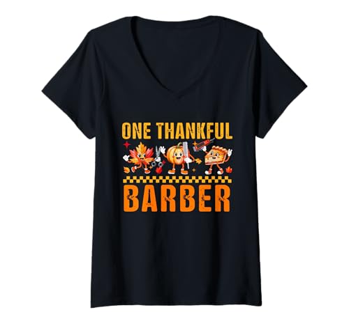Damen One Thankful Barber Thanksgiving Herbstblätter Kürbiskuchen T-Shirt mit V-Ausschnitt Damen One Thankful Barber Thanksgiving Herbstblätter Kürbiskuchen T-Shirt mit V-Ausschnitt von Barber Thanksgiving Costume