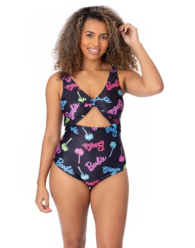 Barbie Damen Badeanzug | Damen Erwachsene Schwarz Badeanzug Rosa Blau Grün Palme Puppe Logo | Frontknoten Zwei Riemen Cossie Bademode Merchandise von Barbie