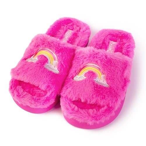 Barbie Damen Cozy X-Band & Open Toe Faux Fur Memory Foam Indoor Outdoor Soled Slipper Xs-XL Hausschuh, Doppelter Regenbogen, X-Small von Barbie