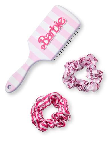 Barbie Damen Haarbürste und Scrunchie Set | Erwachsene Retro Stripe Print Bommel und Paddelbürste mit 3D Barbie Logo in Pink | Entwirrungskissen Bürste und Haarband | Cartoon Film Merchandise Geschenk von Barbie