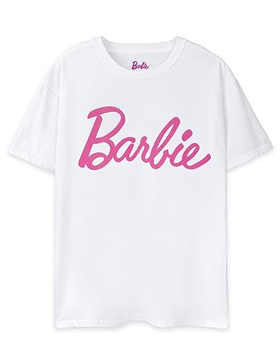 Barbie Damen Klassisches Kurzarm-T-Shirt mit klassischem Logo in Weiß | Ikonische Marke | Modisches Design-Top für Damen | Retro-T-Shirt bequemer Passform Movie Merchandise Geschenk von Barbie