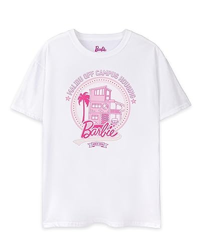 Barbie Damen Malibu Off Campus Logo Kurzarm Weißes T-Shirt | Ikonische Marke | Modisches Design-Top für Damen | Retro-T-Shirt mit bequemer Passform Movie Merchandise Geschenk von Barbie