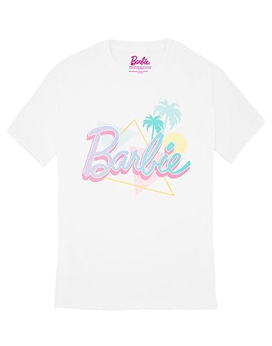 Barbie Damen Pastell Palm Tree Beach Kurzarm Weißes T-Shirt | Ikonische Marke | Modisches Design-Top für Damen | Retro-T-Shirt mit bequemer Passform Movie Merchandise Geschenk von Barbie