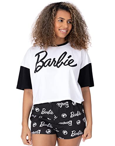 Barbie Damen Pyjama | Damen Puppe Logo Boxy Fit Crop White T-Shirt mit schwarzen elastischen Shorts Kleidung Nachtwäsche Merchandise von Barbie