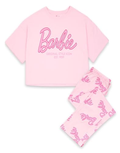 Barbie Damen Pyjama Set in Pink | Cropped Kurzarm Grafik T-Shirt & Langbein Allover Print Hose Pyjamas | Klassisches Logo Original Stil Ikone | Puppenfilm Bekleidungs Merchandise Geschenk für Sie von Barbie