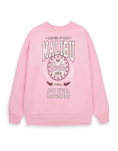 Barbie Damen Sweatshirt in Pink Übergroß | Damen Malibu Tennis Club 1959 Langarmpullover mit Grafik | Sports Crest Pullover mit Rundhalsausschnitt im Vintage-Stil | Puppenfilm-Bekleidungs von Barbie