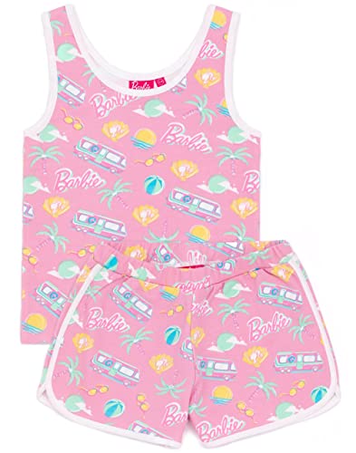 Barbie Girls 2 Stück Co-Ord | Kinder Rosa Weste und Shorts Set | Palmen Sonnenbrillen Sommer-Tageswäsche Kleidung Merchandise von Barbie