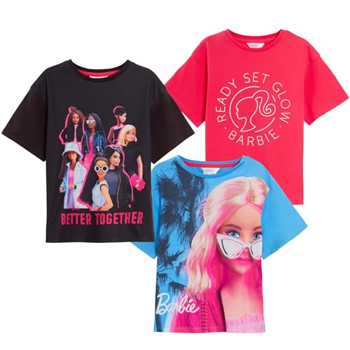 Barbie Mädchen 3er-Pack T-Shirts Kinder Baumwoll-Shirts Offizielle Modepuppe T-Shirt Oberteil mit Fallärmeln, Mehfarbig, 5-6 Jahre von Barbie