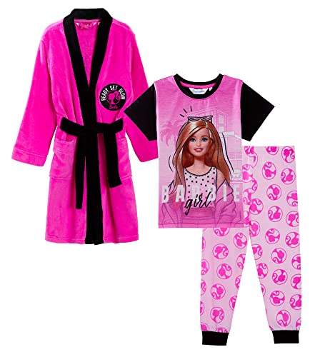 Barbie Vestaglia per Ragazze + Set Pigiama Set da 3 pezzi abbinato Accappatoio rosa per Bambini + Pigiama von Barbie