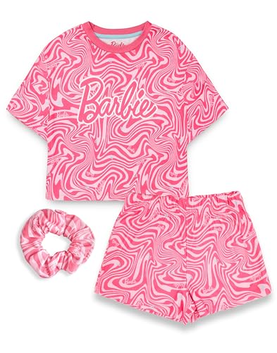 Barbie Mädchen Pyjama Set | Gewelltes Allover-Print für Kinder Rosa Kurzarm Oberteil und Shorts mit Grafik Bundle Haargummi | Puppenbekleidung Komplettes passendes Nachtwäsche Merchandise Geschenk von Barbie