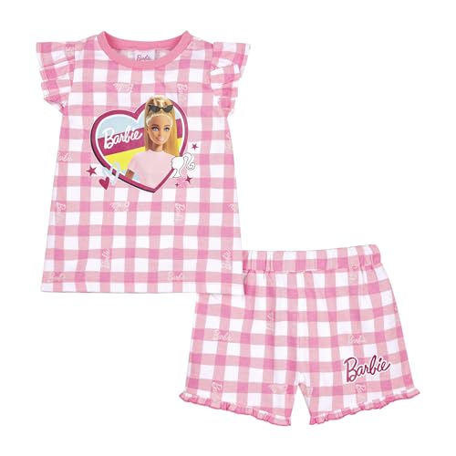 Barbie Mädchen-Schlafanzug, kurzer Pyjama mit Rüschen für Puppe, kariertes Pyjama-Set, Geschenke für Mädchen mit Puppen, Rosa, 6-7 Jahre von Barbie