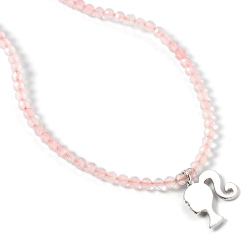 Barbie Silhouetten-Anhänger aus Sterlingsilber auf einer Rosenquarz-Perlen-Halskette, Einheitsgröße, Sterling Silber Barbie Silhouetten-Anhänger aus Sterlingsilber auf einer Rosenquarz-Perlen-Halskette, Einheitsgröße, Sterling Silber von Barbie